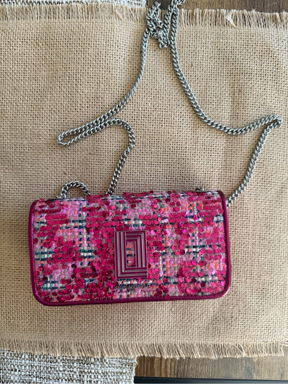 Karl Lagerfeld Hot Pink Sequin Tweed Chain Crossbody